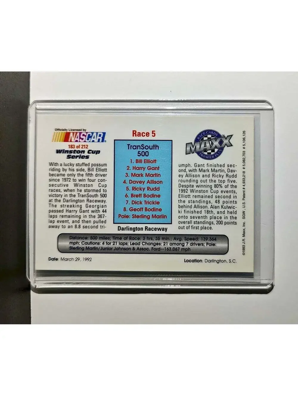Race 5 Darlington YR 1993 Maxx Premier Plus Racing #183 NASCAR Junior Johnson